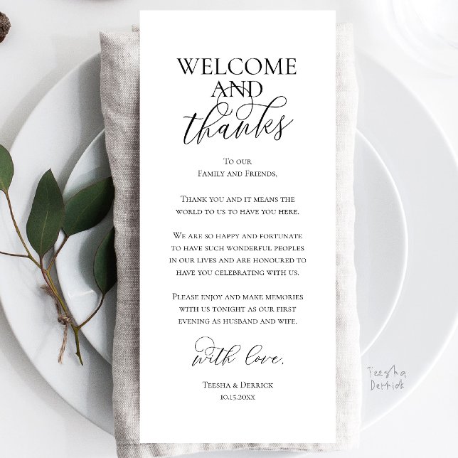 Välkommen och tack Bröllopsmiddag Tack Kort (Welcome and Thanks Wedding Reception Dinner Celebration Thank You Card in Black and White)