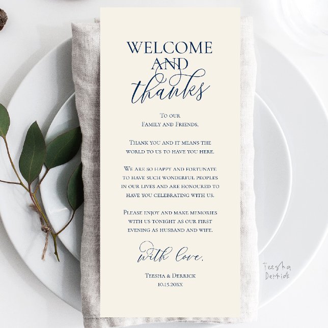 Välkommen och tack Bröllopsmiddag Tack Kort (Welcome and Thanks Wedding Reception Dinner Celebration Thank You Card in Ivory and Navy Blue)