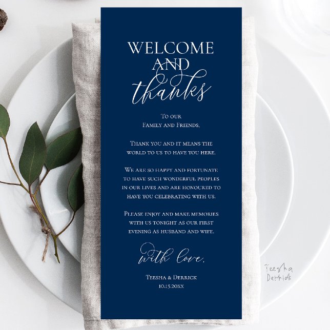 Välkommen och tack Bröllopsmiddag Tack Kort (Welcome and Thanks Wedding Reception Dinner Celebration Thank You Card in Navy Blue)