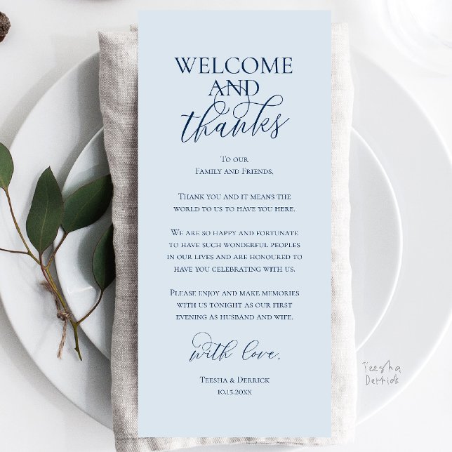 Välkommen och tack Bröllopsmiddag Tack Kort (Welcome and Thanks Wedding Reception Dinner Celebration Thank You Card in Misty Navy Blue)
