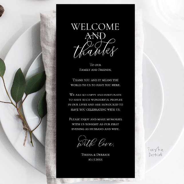 Välkommen och tack Bröllopsmiddag Tack Kort (Welcome and Thanks Wedding Reception Dinner Celebration Thank You Card in Classy Black)