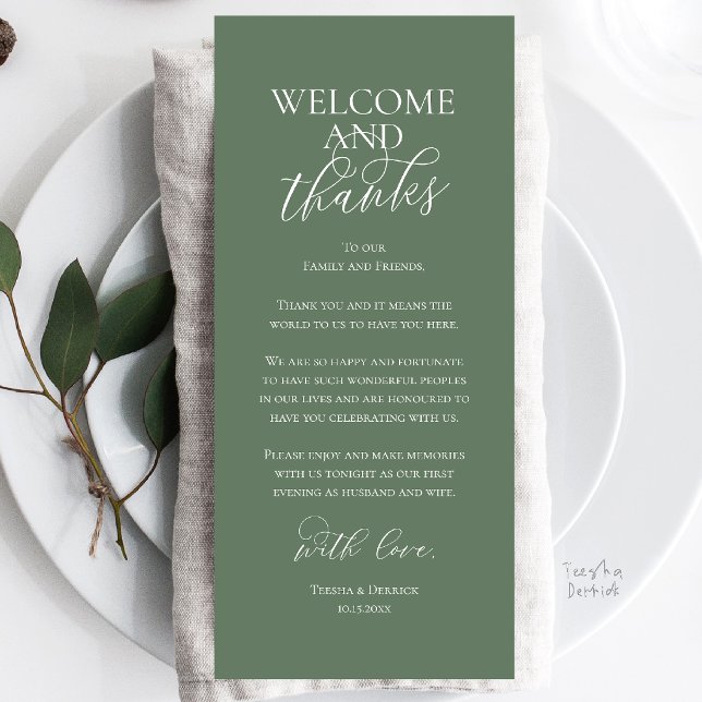 Välkommen och tack Bröllopsmiddag Tack Kort (Welcome and Thanks Wedding Reception Dinner Celebration Thank You Card in Sage Green)