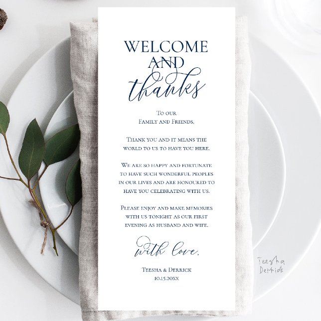 Välkommen och tack Bröllopsmiddag Tack Kort (Welcome and Thanks Wedding Reception Dinner Celebration Thank You Card in Navy Blue)
