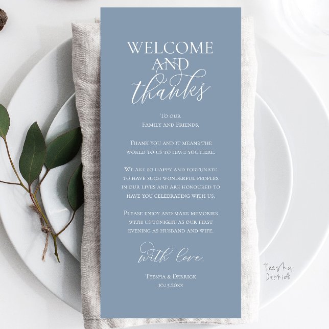 Välkommen och tack Bröllopsmiddag Tack Kort (Welcome and Thanks Wedding Reception Dinner Celebration Thank You Card in Dusty Blue)