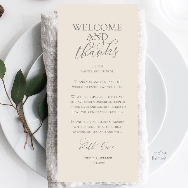 Välkommen och tack Bröllopsmiddag Tack Kort (Welcome and Thanks Wedding Reception Dinner Celebration Thank You Card in Cream Grey)