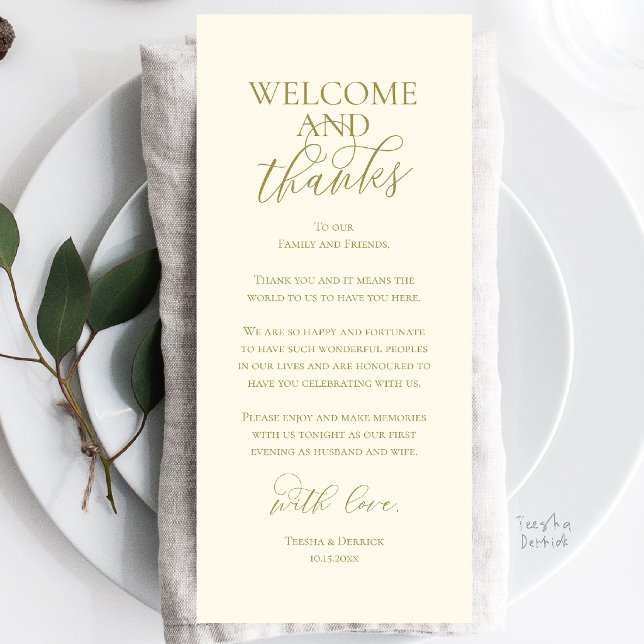 Välkommen och tack Bröllopsmiddag Tack Kort (Welcome and Thanks Wedding Reception Dinner Celebration Thank You Card in Yellow Gold Cream)