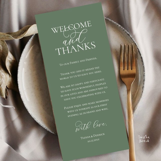 Välkommen och tack Bröllopsmiddag Tack Kort (Welcome and Thanks Wedding Reception Dinner Thank You Card in Sage Green)