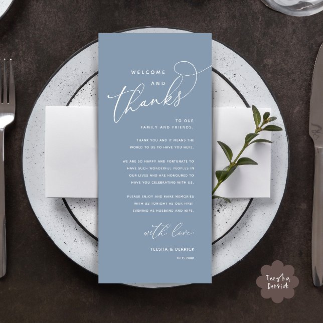 Välkommen och tack, bröllopsmiddag tackkort program (Welcome n Thanks Wedding Reception Dinner Brunch Lunch Thank You Card in Dusty Blue)
