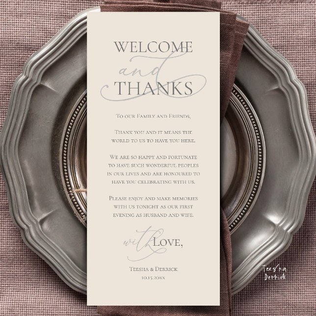 Välkommen och tack, bröllopsmiddag tackkort program (Welcome and Thanks, Wedding Dinner Thank You Card in Cream Grey)