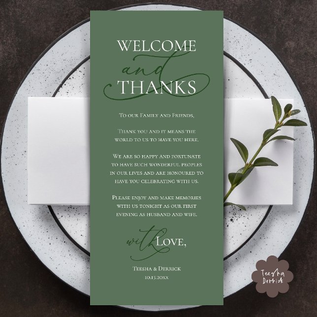 Välkommen och tack, bröllopsmiddag tackkort program (Welcome and Thanks, Wedding Dinner Thank You Card in Sage Green)