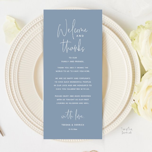 Välkommen och tack, bröllopsmiddag tackkort program (Welcome and Thanks, Wedding Dinner Thank You Card in Dusty Blue)