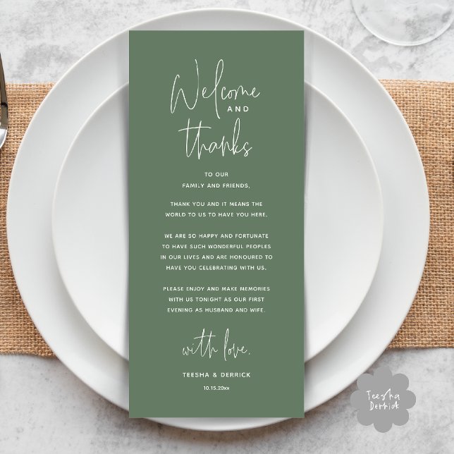 Välkommen och tack, bröllopsmiddag tackkort program (Welcome and Thanks, Wedding Dinner Thank You Card in Sage Green)