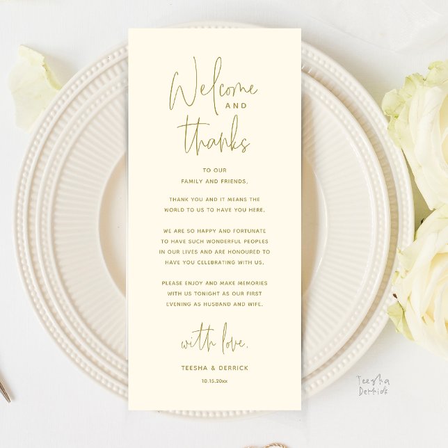 Välkommen och tack, bröllopsmiddag tackkort program (Welcome and Thanks, Wedding Dinner Thank You Card in Yellow Gold)