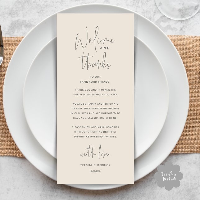 Välkommen och tack, bröllopsmiddag tackkort program (Welcome and Thanks, Wedding Dinner Thank You Card in Cream Grey)