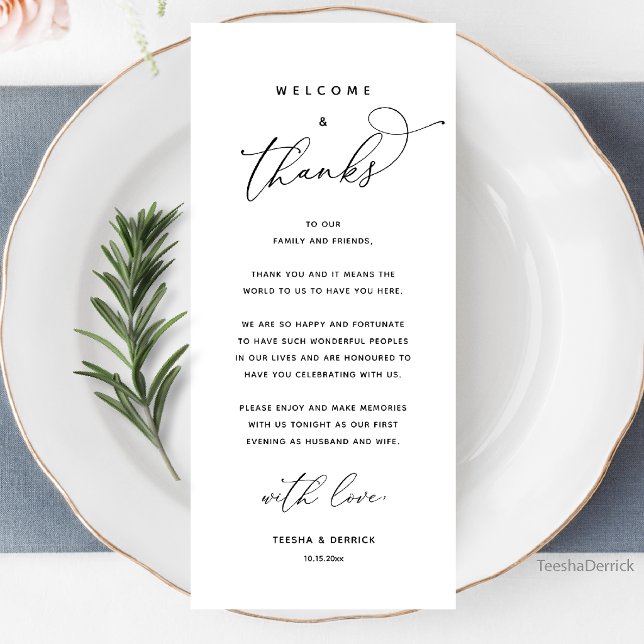 Välkommen och tack, bröllopsmiddag tackkort program (Welcome and Thanks, Wedding Dinner Thank You Card in black and white)