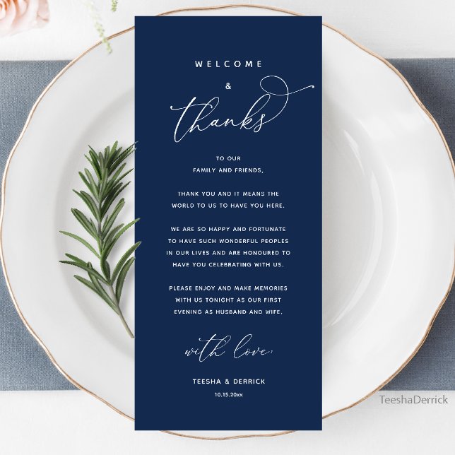 Välkommen och tack, bröllopsmiddag tackkort program (Welcome and Thanks, Wedding Dinner Thank You Card in Navy Blue)