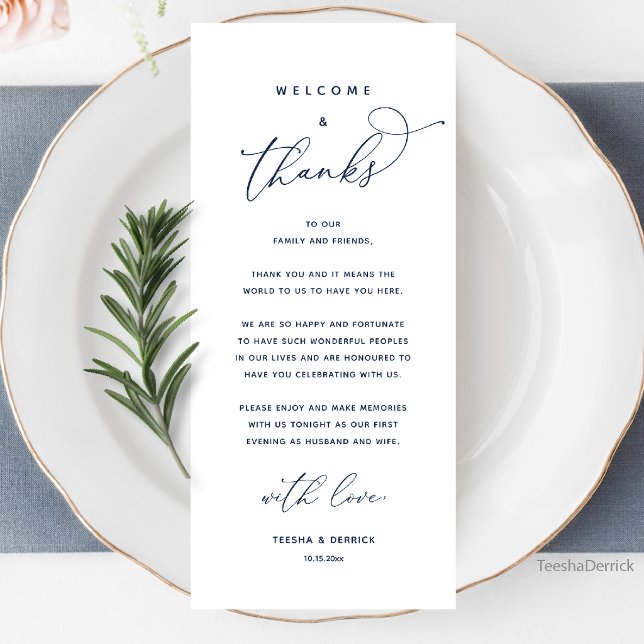 Välkommen och tack, bröllopsmiddag tackkort program (Welcome and Thanks, Wedding Dinner Thank You Card in Navy Blue)