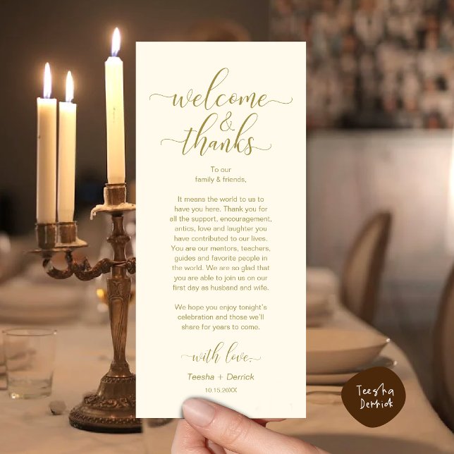 Välkommen och tack för Inställningskort för Bröllo Program (Modern Wedding Dinner Brunch Lunch Table Place Setting Thank You Card in Classy Yellow Gold)