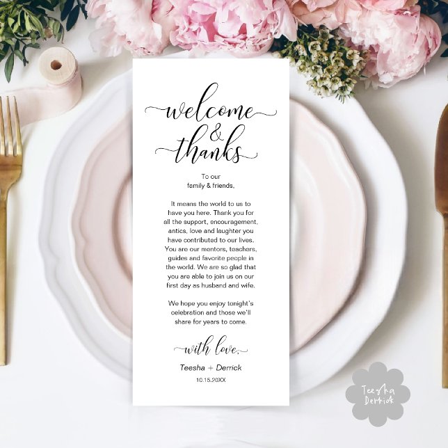 Välkommen och tack för Inställningskort för Bröllo Program (Modern Wedding Dinner Brunch Lunch Table Place Setting Thank You Card in Classy Black White)