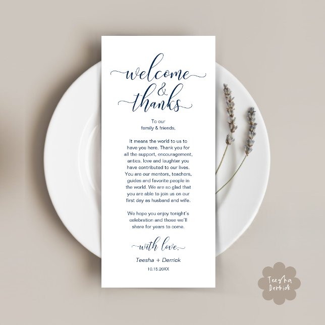 Välkommen och tack för Inställningskort för Bröllo Program (Modern Wedding Dinner Brunch Lunch Table Place Setting Thank You Card in Classy Navy Blue)