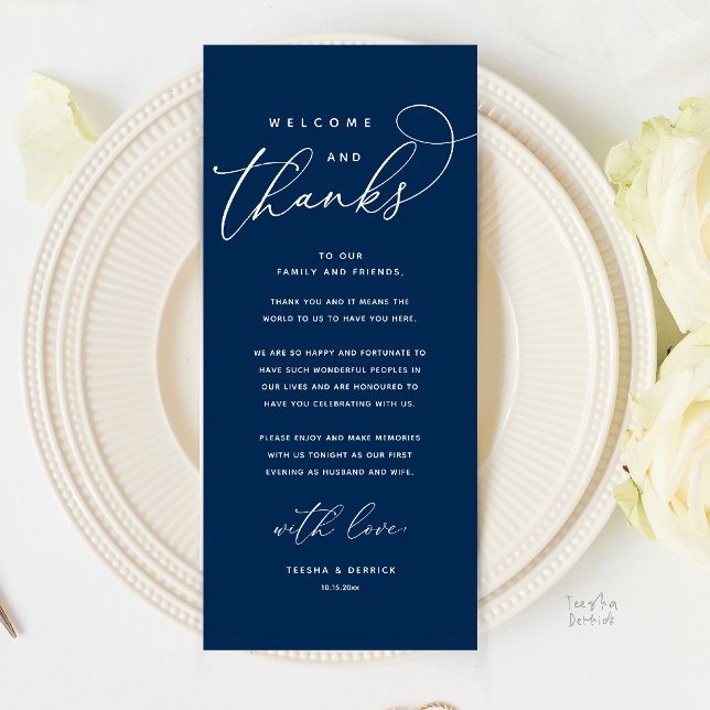 Välkommen och tack, Modernt tackkort för middag Program (Welcome and Thanks, Modern Dinner Wedding Boho Reception Thank You Card in Navy Blue)