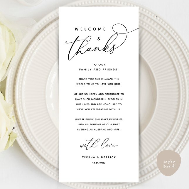 Välkommen och tack, tack för att du har valt ett t program (Welcome and Thanks, Wedding Dinner Place Setting Thank You Card in Classy Black White)