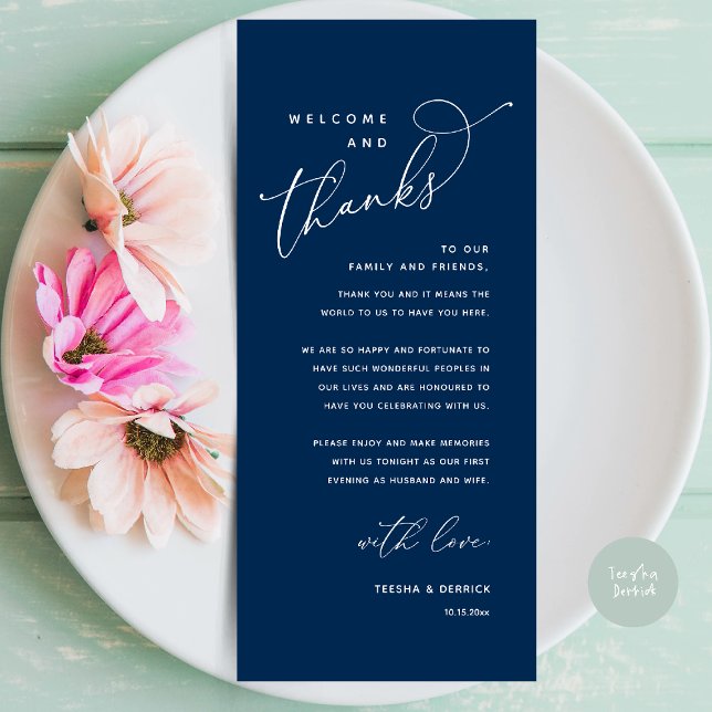 Välkommen och tack, tack för att du har valt ett t program (Welcome and Thanks, Wedding Dinner Place Setting Thank You Card in Classy navy Blue)
