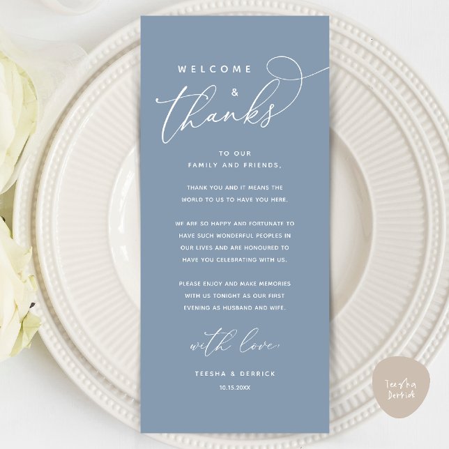 Välkommen och tack, tack för att du har valt ett t program (Welcome and Thanks, Wedding Dinner Place Setting Thank You Card in Classy Dusty Blue)