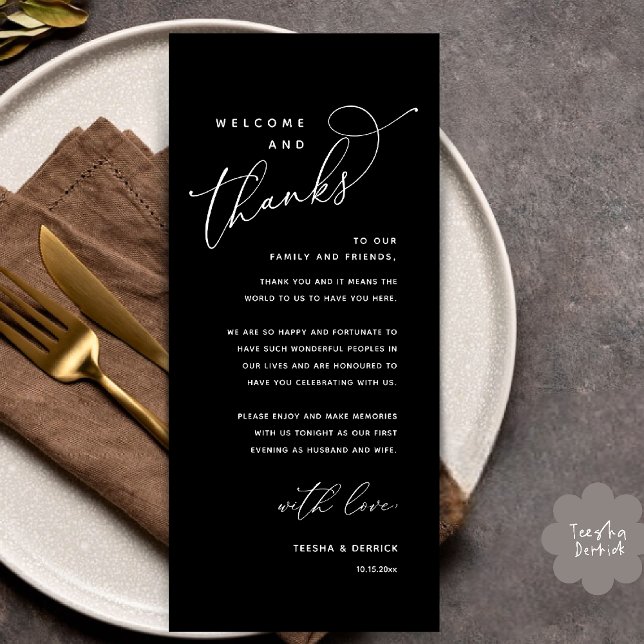Välkommen och tack, tack för att du har valt ett t program (Welcome and Thanks, Wedding Dinner Place Setting Thank You Card in Classy Black White)