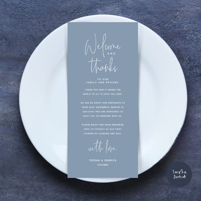Välkommen och tack, tack för att du har valt ett t program (Welcome and Thanks, Modern Dinner Place Setting Thank You Card, in Dusty Blue)