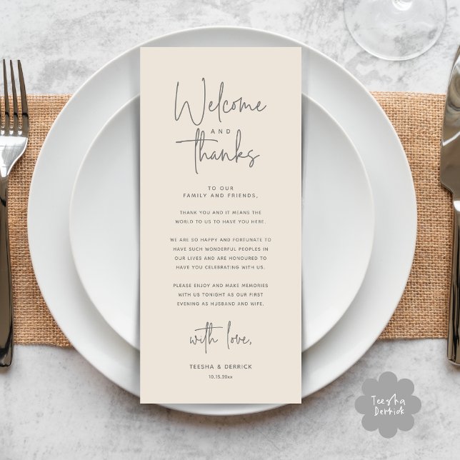 Välkommen och tack, tack för att du har valt ett t program (Welcome and Thanks, Modern Wedding Dinner Brunch Lunch Place Setting Thank You Card in Cream Grey)