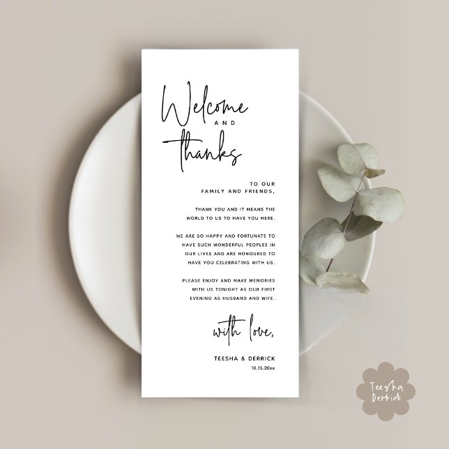 Välkommen och tack, tack för att du har valt ett t program (Welcome and Thanks, Modern Wedding Dinner Brunch Lunch Place Setting Thank You Card in White Black)