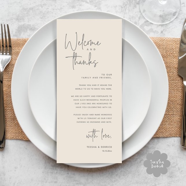 Välkommen och tack, tack för att du har valt ett t program (Welcome and Thanks, Modern Wedding Dinner Brunch Lunch Place Setting Thank You Card in Cream Grey)