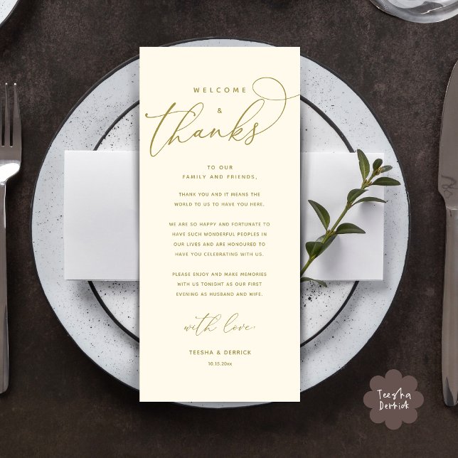 Välkommen och tack, tack för att du har valt ett t program (Welcome and Thanks, Modern Wedding Dinner Brunch Lunch Place Setting Thank You Card in Yellow Gold)