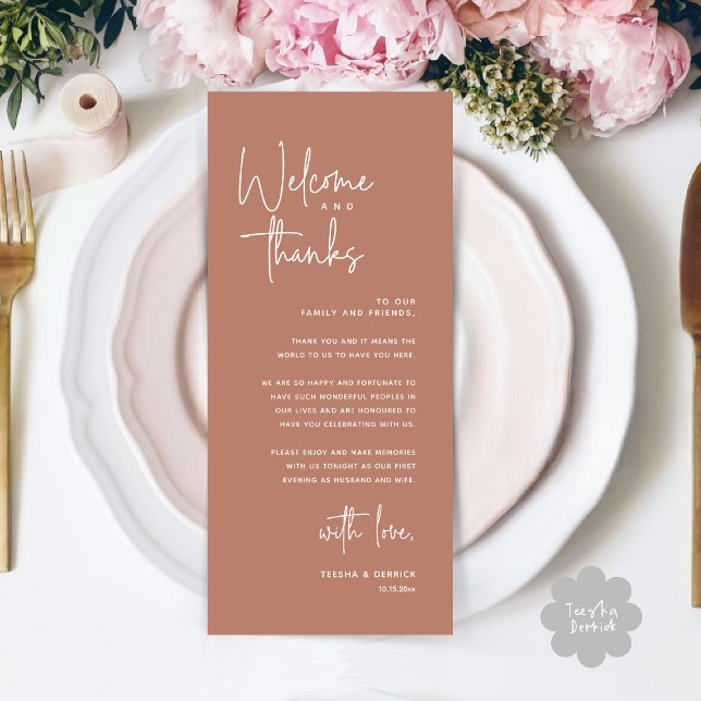 Välkommen och tack, tack för att du har valt ett t program (Welcome and Thanks, Modern Wedding Dinner Brunch Lunch Place Setting Thank You Card in Terracotta)