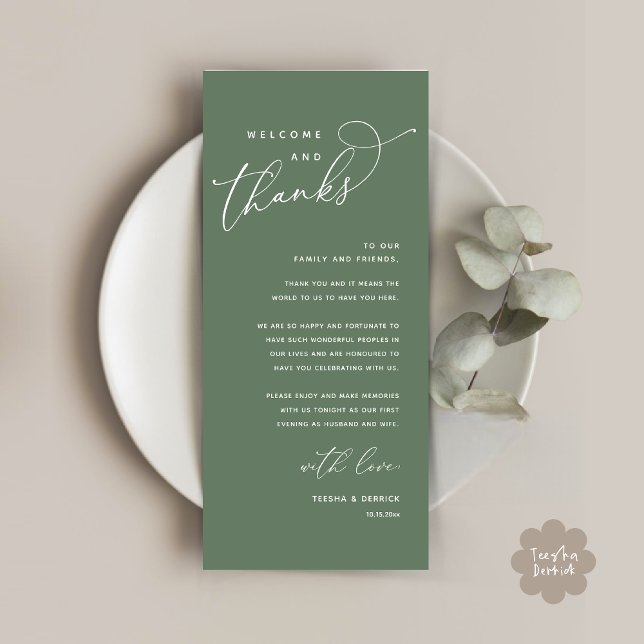Välkommen och tack, tack för att du har valt ett t program (Welcome and Thanks, Modern Wedding Dinner Brunch Lunch Place Setting Thank You Card in Sage Green)