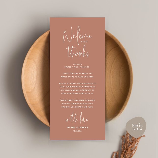 Välkommen och tack, tack för att du har valt ett t program (Welcome and Thanks, Place Setting Thank You Dinner Party Card in Terracotta Earthy Brown)
