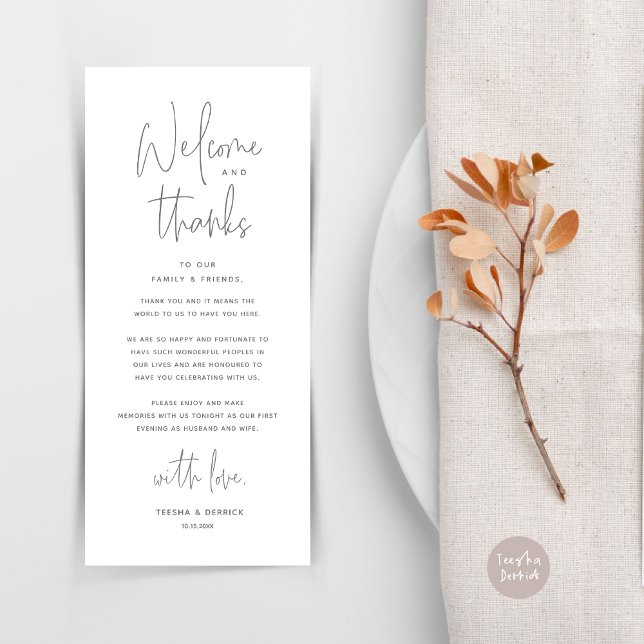 Välkommen och tack, tack för att du har valt ett t program (Welcome and Thanks, Wedding Dinner Place Setting Thank You Card in Dark Grey)