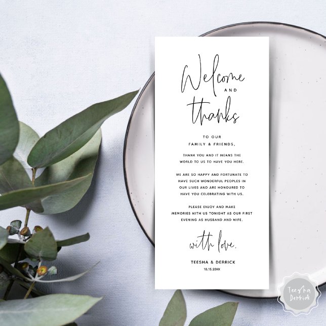 Välkommen och tack, tack för att du har valt ett t program (Welcome and Thanks, Wedding Dinner Place Setting Thank You Card in Black and White)