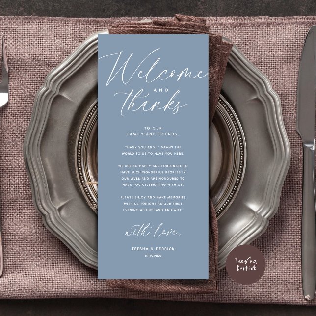 Välkommen och tack, tack för att du har valt ett t program (Welcome and Thanks, Wedding Dinner Place Setting Thank You Card Modern Romantic Dusty Blue)