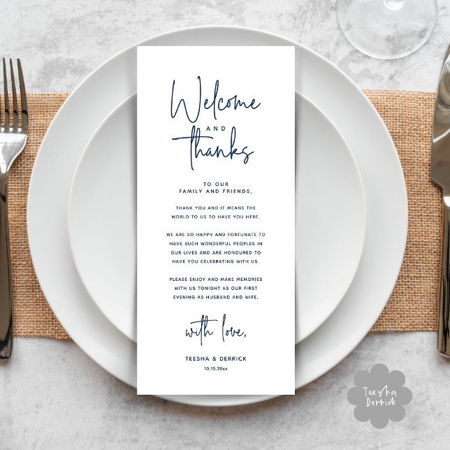 Välkommen och tack, tackkort för dukning program (Welcome and Thanks, Modern Wedding Dinner Brunch Lunch Place Setting Thank You Card in Navy Blue)