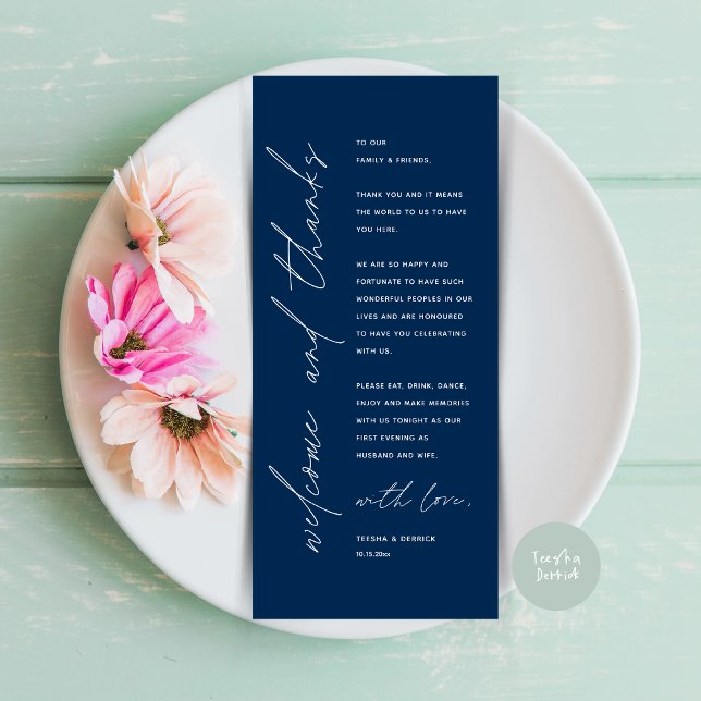 Välkommen och tack till Bröllop-middagen - tackkor Program (Welcome and Thanks, Wedding Dinner Place Setting Thank You Card in Modern Classy Navy Blue)