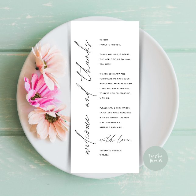 Välkommen och tack till Bröllop-middagen - tackkor Program (Welcome and Thanks, Wedding Dinner Place Setting Thank You Card in Modern Classy White Black)