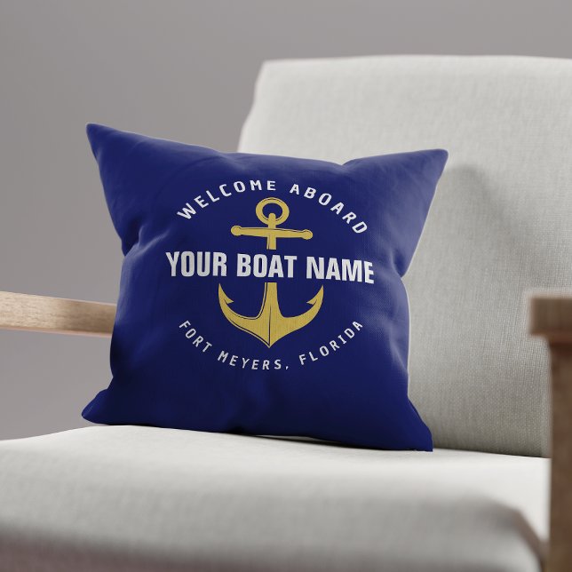 Välkommen Ombord Båt Marinblå Guld Marin Ankar Kudde (Skapare uppladdad)