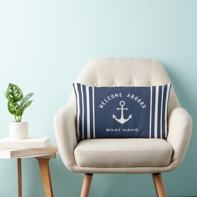 Välkommen ombord Båt Namn Anchor Navy Blue White Lumbarkudde (Stol)