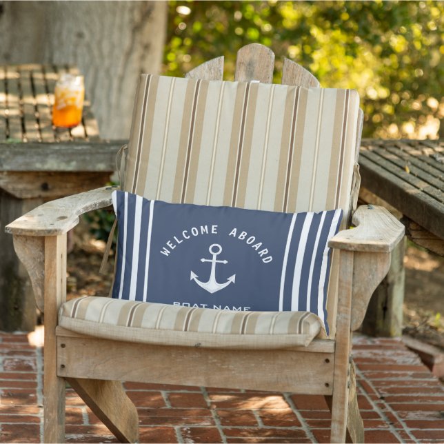 Välkommen ombord Båt Namn Anchor Navy Blue White Lumbarkudde (Stol)