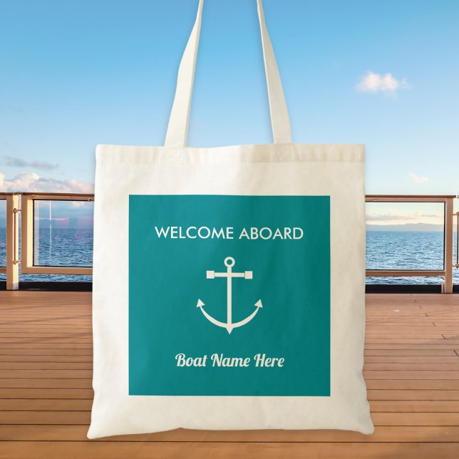 Välkommen ombord Båt Namn Nautilus Ankar Tygkasse (A nautical tote bag with 'Welcome Aboard' greeting, anchor picture, and custom text to personalize)