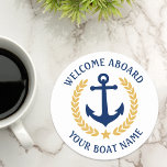 Välkommen ombord Boat Namn Anchor Guld Laurel vit Underlägg Papper Rund<br><div class="desc">En snyggt nautisk uppsättning pappra underlägg med välkommen ombord och din personlig båt namn,  familj namn eller annan önskad text. Har en designad ankarplats för anpassningsbar med löv för guld stil och en stjärna på vitt eller anpassar enkelt färg för att matcha din nuvarande dekorfärg eller tema.</div>