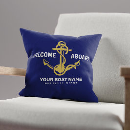 Välkommen Ombord Marinblå Och Guld Båt Namn Kudde