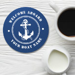 Välkommen ombord Namn Anchor Rope Navy Underlägg Papper Rund<br><div class="desc">Ett nautiskt tema papper underlägg med välkommen ombord och din personlig båt namn eller annan önskad text. Har en anpassningsbar designad båtankare och rep. Kommer i vitt på marinblått eller ändrar enkelt basen färg så att den matchar din nuvarande dekoration.</div>